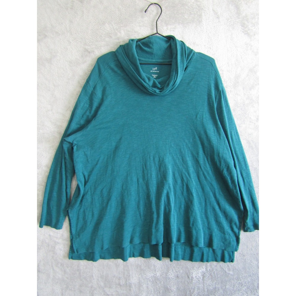 J Jill Prima Cotton Teal Cowl Neck Tunic Top Long Sleeve Split Sides Sz 2X